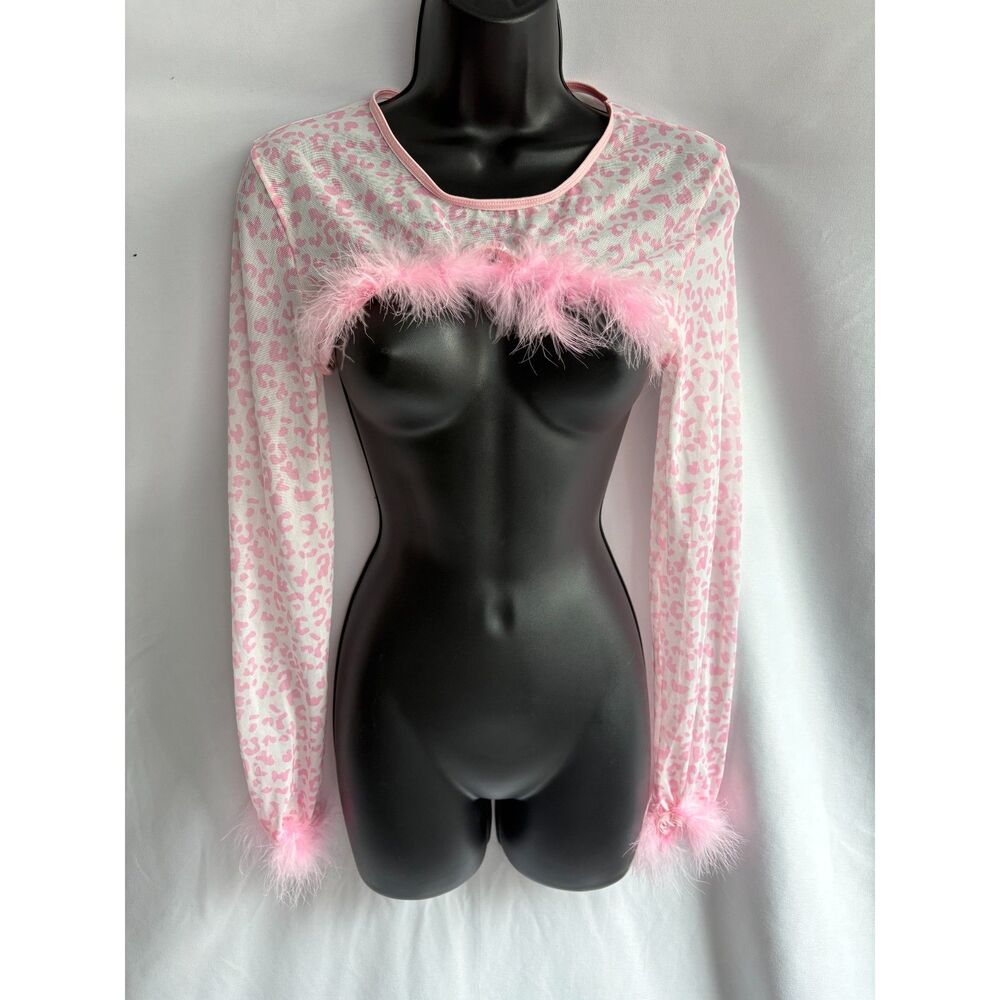 Pink White Leopard Barbie Long Sleeve Mesh Shrug Bolero Faux Fur Trim Size M